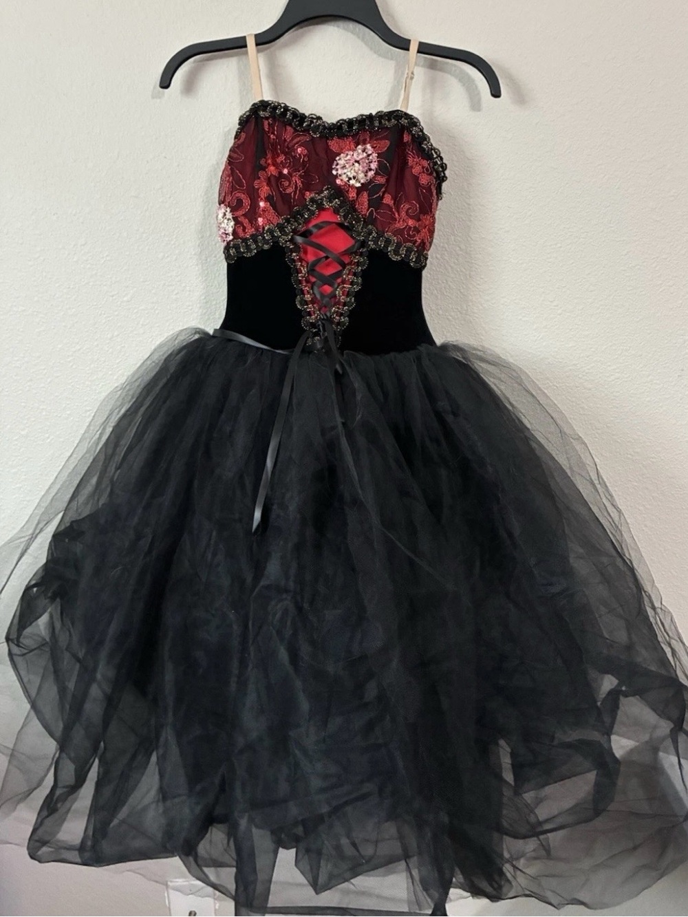 Women’s Black Tulle Skirt Red Floral Bodice ballet Dress